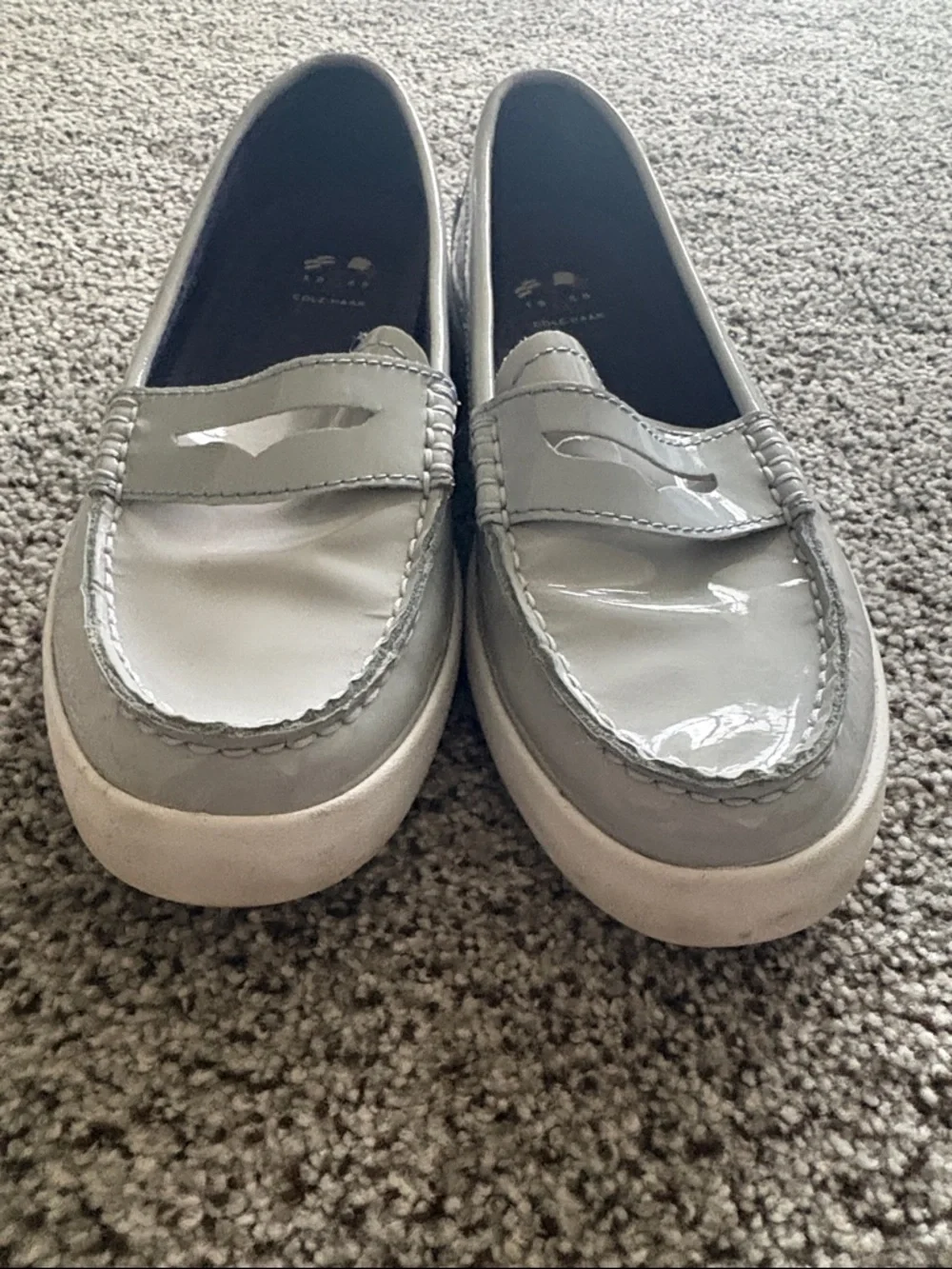 Cole Haan Light Gray Patent Penny Loafers with White Sole